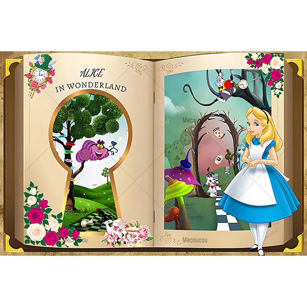 Disney Alice In Wonderland Tea Party Backgrounds Custom Green Forest Girls Happy Birthday Photography Backdrop Decoration Banner