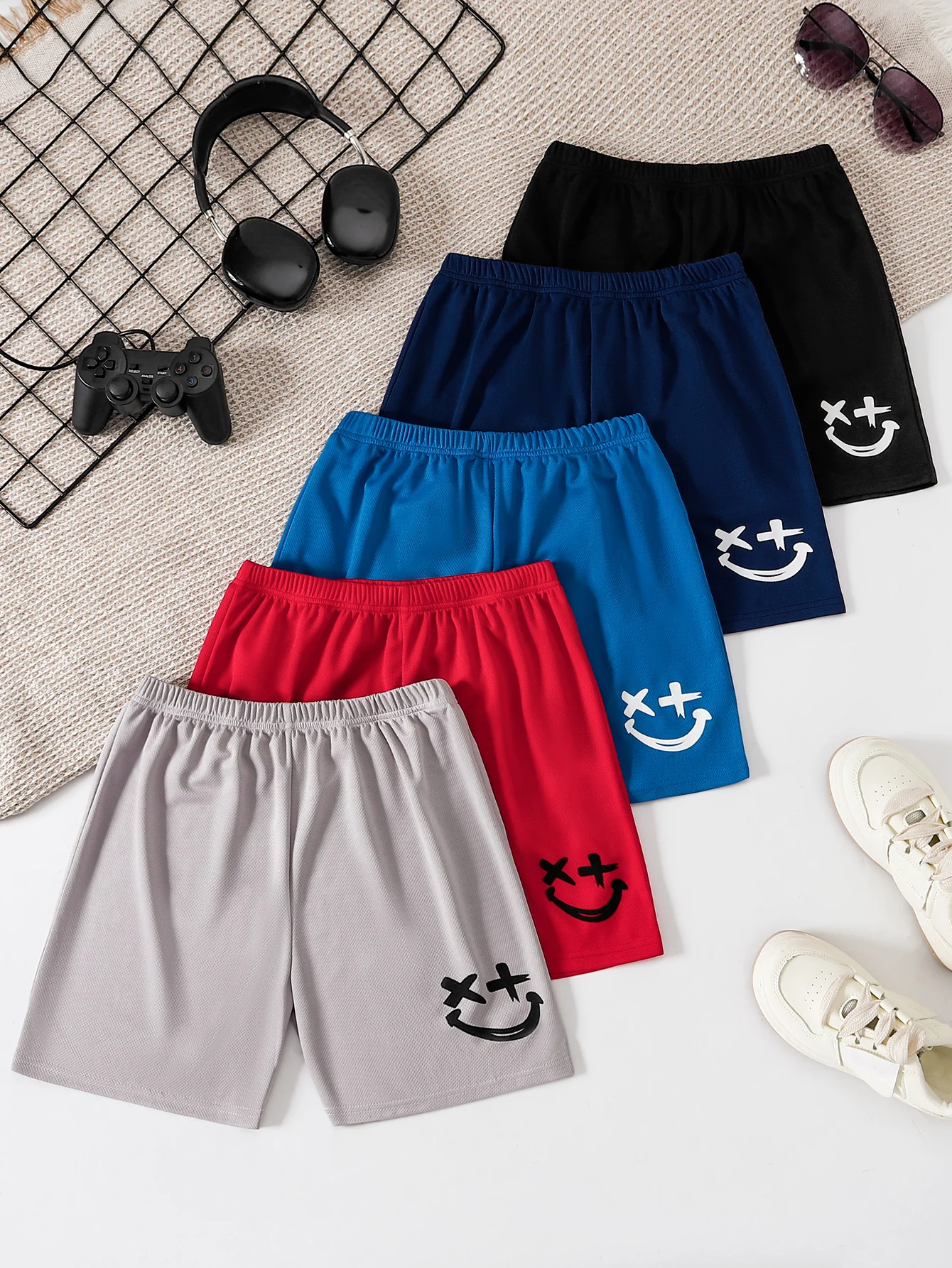 

4pc Summer Boys Mesh Smile Print Shorts, Elastic Waist Casual Sports Pants, Cool Style, Daily/Sports Wear, 3-10Y, Breathable Fab