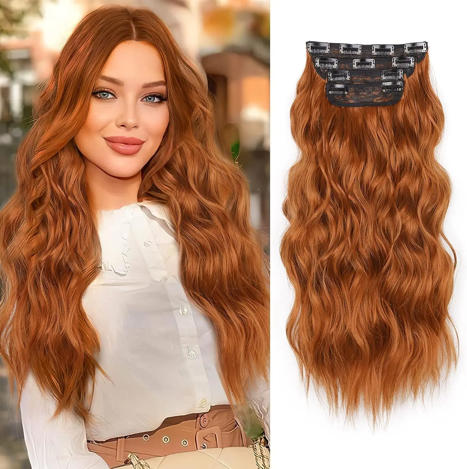 Long Wavy Natural Synthetic  Hair Extension Blonde Black 4 Clip Invisible Wire Hair Extensions for women