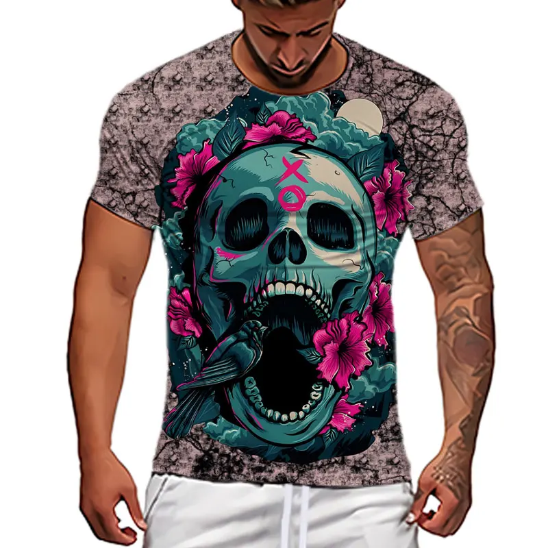 3D Skull Printed Black Streetwear Men\'s T-Shirts Short Sleeve Round-Neck Horror Halloween Man Tops Loose Gothic Round-Neck Tees