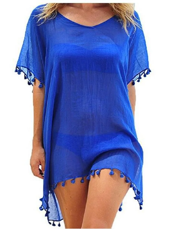 2024 Chiffon Tassels Beach Wear Women Swimsuit Cover Up Swimwear Bathing Suits Summer Mini Dress Loose Solid Pareo Cover Ups