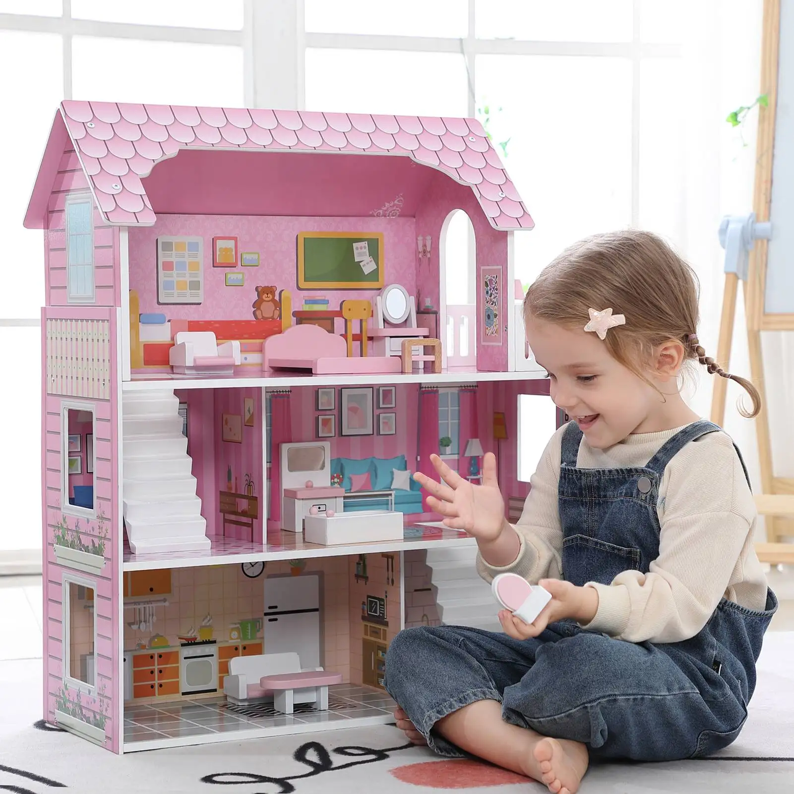 3 Story Dollhouse Playset with Furniture Multiple Rooms Doll Cottage for Girls Above 3 Years Old Role Playing Pink
