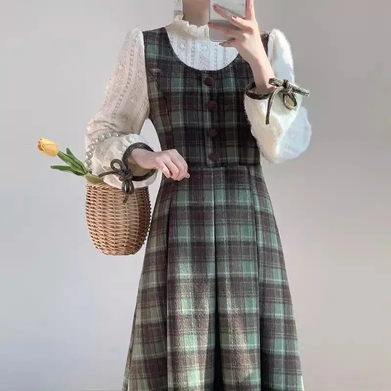 Newest 2024 Spring Literature Art Retro Preppy Style Fake Two Piece Dress Long Sleeve Waist Wrap Checkered Panel Dress Z4798