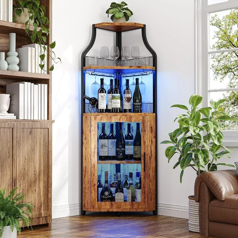 Corner Bar Cabinet for Home Use, MDF Wood in Walnut Finish, LED Lighting 5-Tier Wine Rack with Smooth Sliding Doors view 5