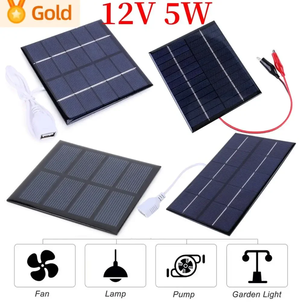 USB Solar Panel Outdoor 0.9-5W 2-12V Portable Polysilicon + Epoxy Travel Solar System Charger for 3-12V Battery/Mobile Phone