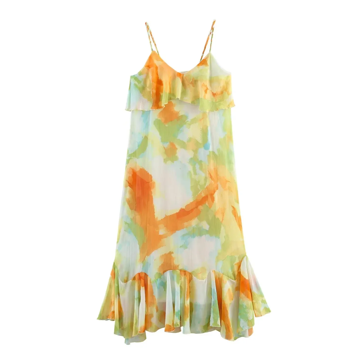 European and American style 2026 new summer women's sleeveless laminated decorative printed suspender midi dress