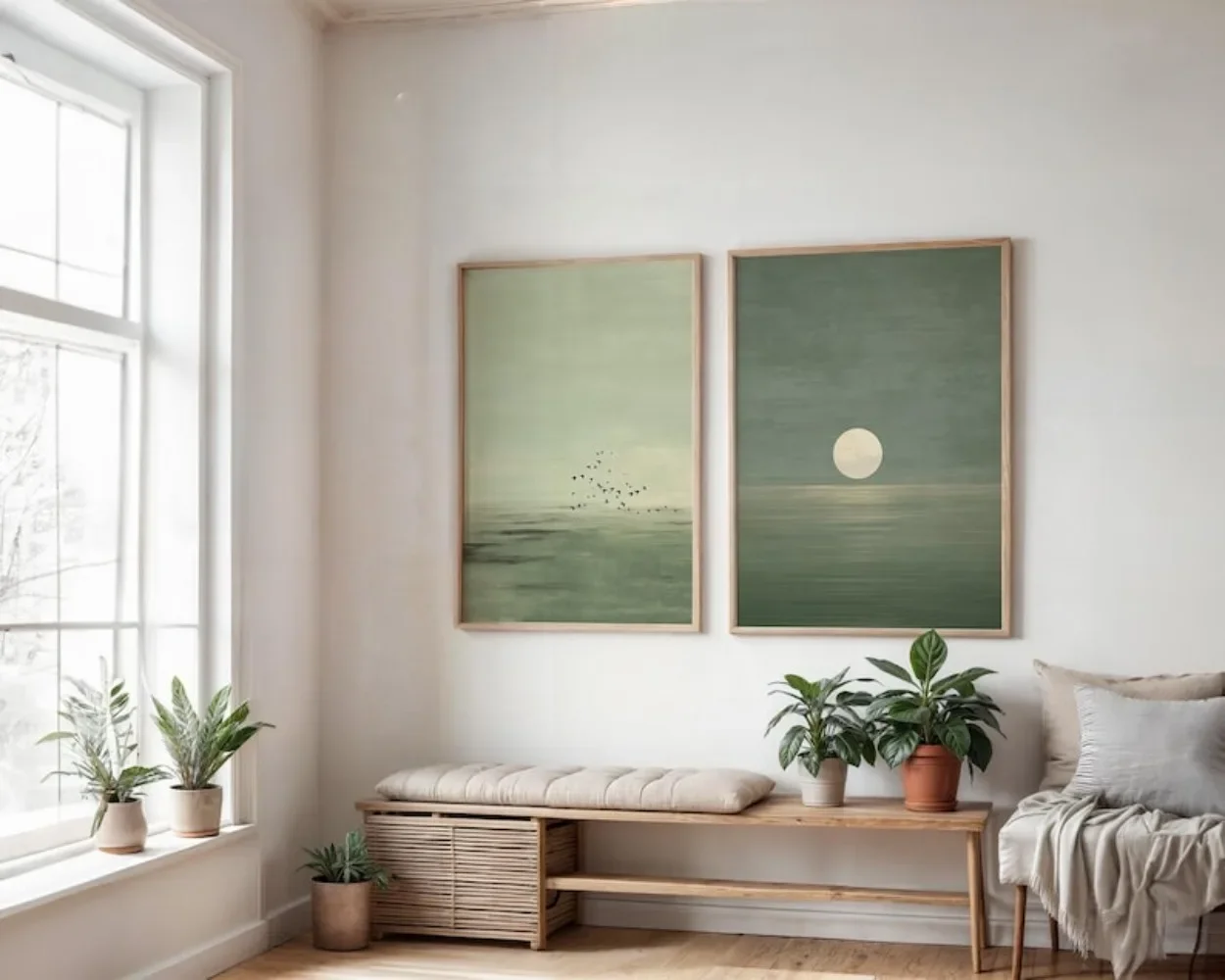 2pcs frameless Canvas Painting A Two-piece Japanese-style Wall Decoration Set Featuring A Minimalist Sunset Bohemian Print and S