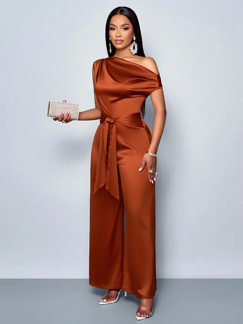 

2025 summer new solid color fashionable slim fit temperament slanted collar button women's jumpsuit