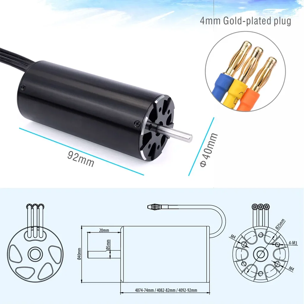 로켓 4074 4082 4092 브러시리스 모터 2000KV 1600KV 1250KV 5.0mm 1000mm(또는 그 이상) RC 보트 트랙사스 M41 카타마란 스파르탄용