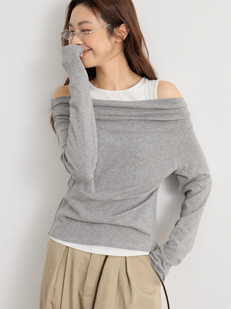 

about Passion Design Sense Patchwork Fake Two-Piece Shoulder Bared Top Ladies Casual Style Long Sleeve T-Shirt Polyester Blend