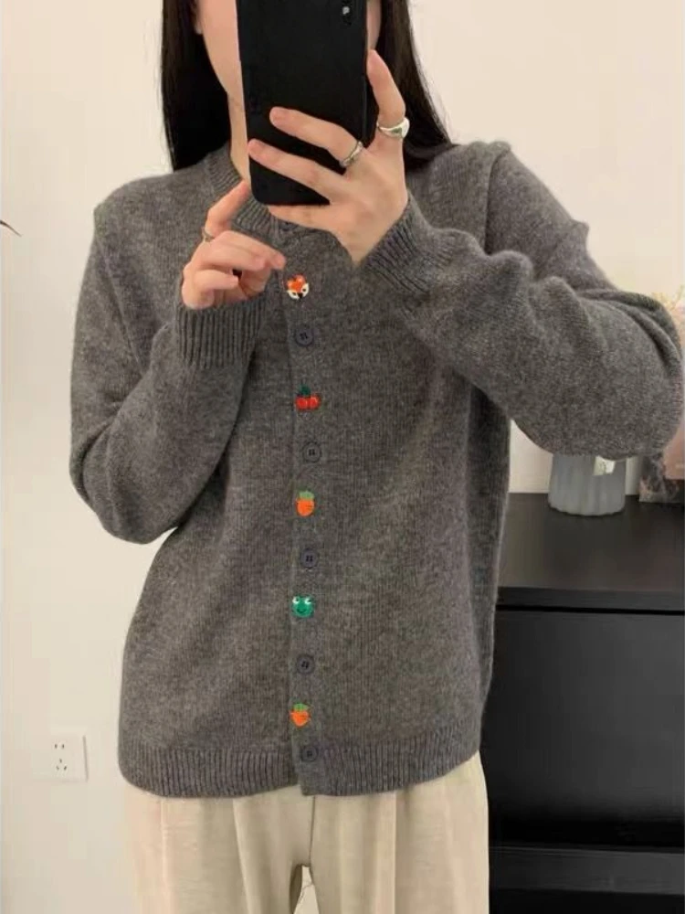 Ezgaga Knitted Cardigan Women Embroidery O Neck Single Breasted Sweet Elegant Loose Outwear Sweater Fashion Casual Female