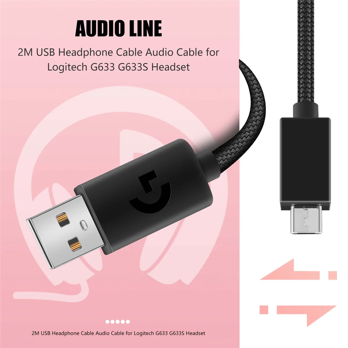 Cabo de áudio para fone de ouvido USB de 2M para fone de ouvido Logitech G633 G633S