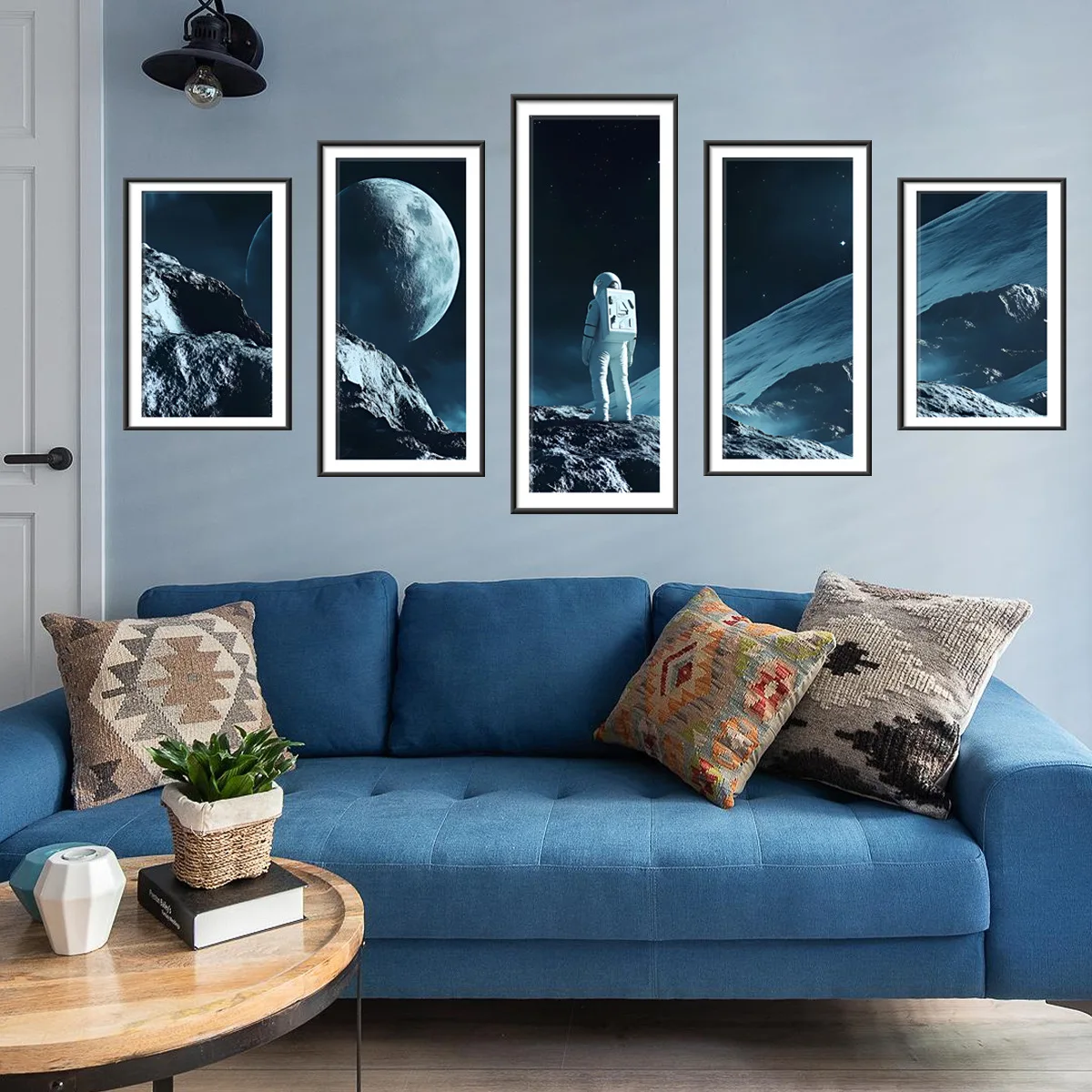 Astronaut Photo Frame Wall Decals- 5-Panel Space Themed Canvas Art for Living Room &