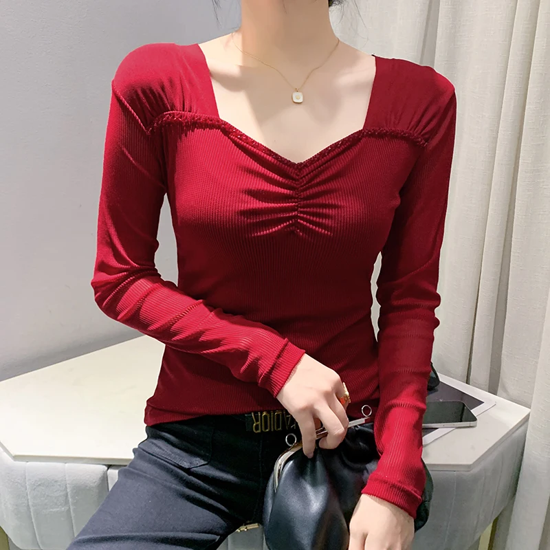 Black Korean Style T-Shirt Women Fashion Sexy V-Neck Draped Shiny Beading Tops Long Sleeve Bottoming Shirt Tees 2024 New 491311