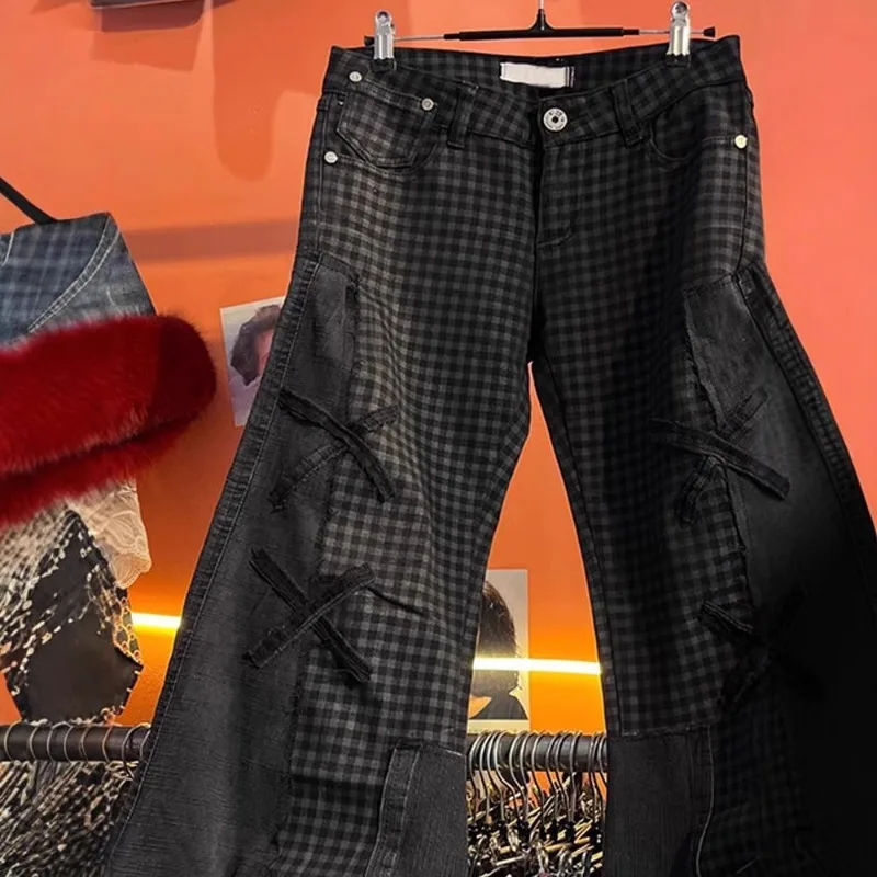 Y2k 다크 스타일 밀레니얼 청바지 여성용 미국 레트로 하이 스트리트 체크 무늬 약간 플레어 팬츠 루즈 캐주얼 바지