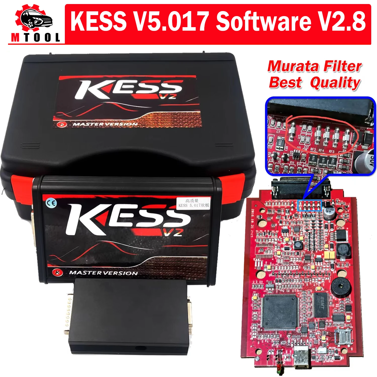 

TOP Online EU Red Murata Filter Kess V2 V2.80 V5.017 & KTAG V7.020 4 LED OBD2 Car Trucks ECU Chip Tuning Kit Unlimited Repair Ki