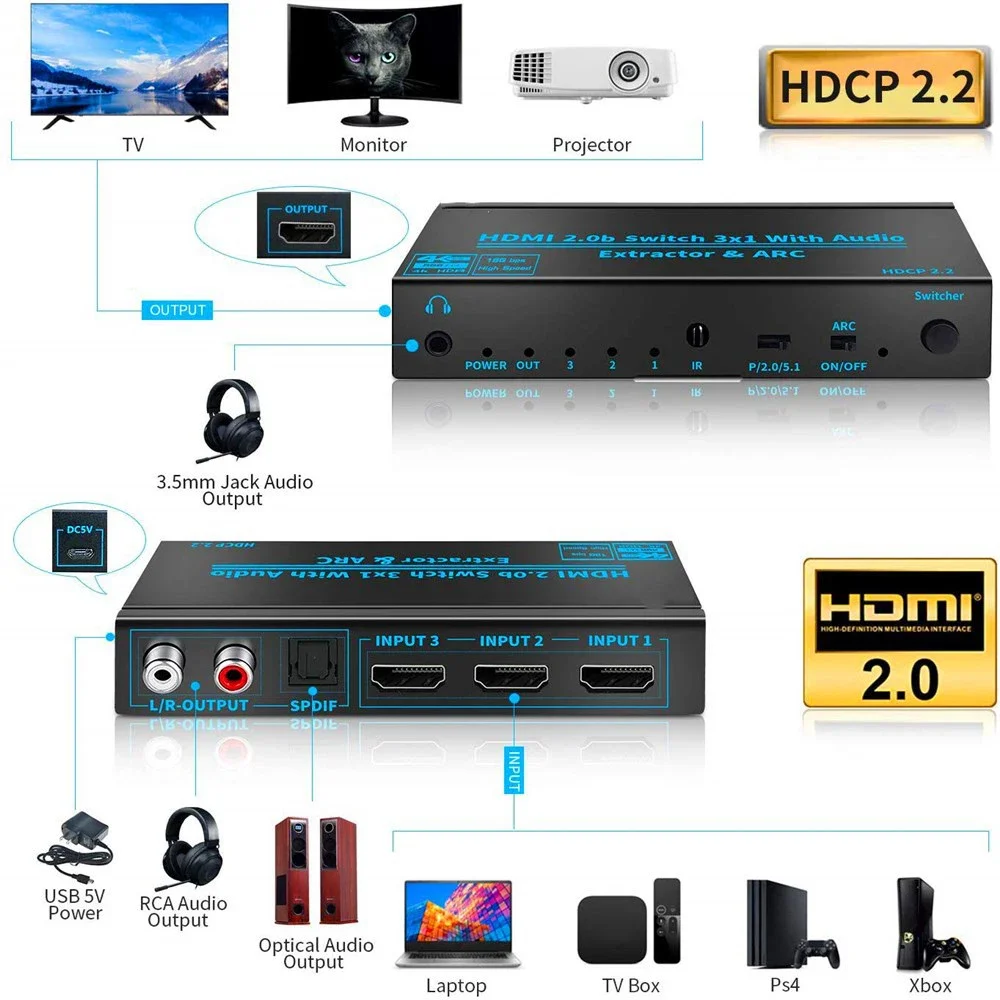 4K 60Hz HDMI-Compatible Switch Audio Extractor ARC Toslink SPDIF HDMI-Compatible 3x1 Switcher Converter For PS5 Xbox TV Laptop