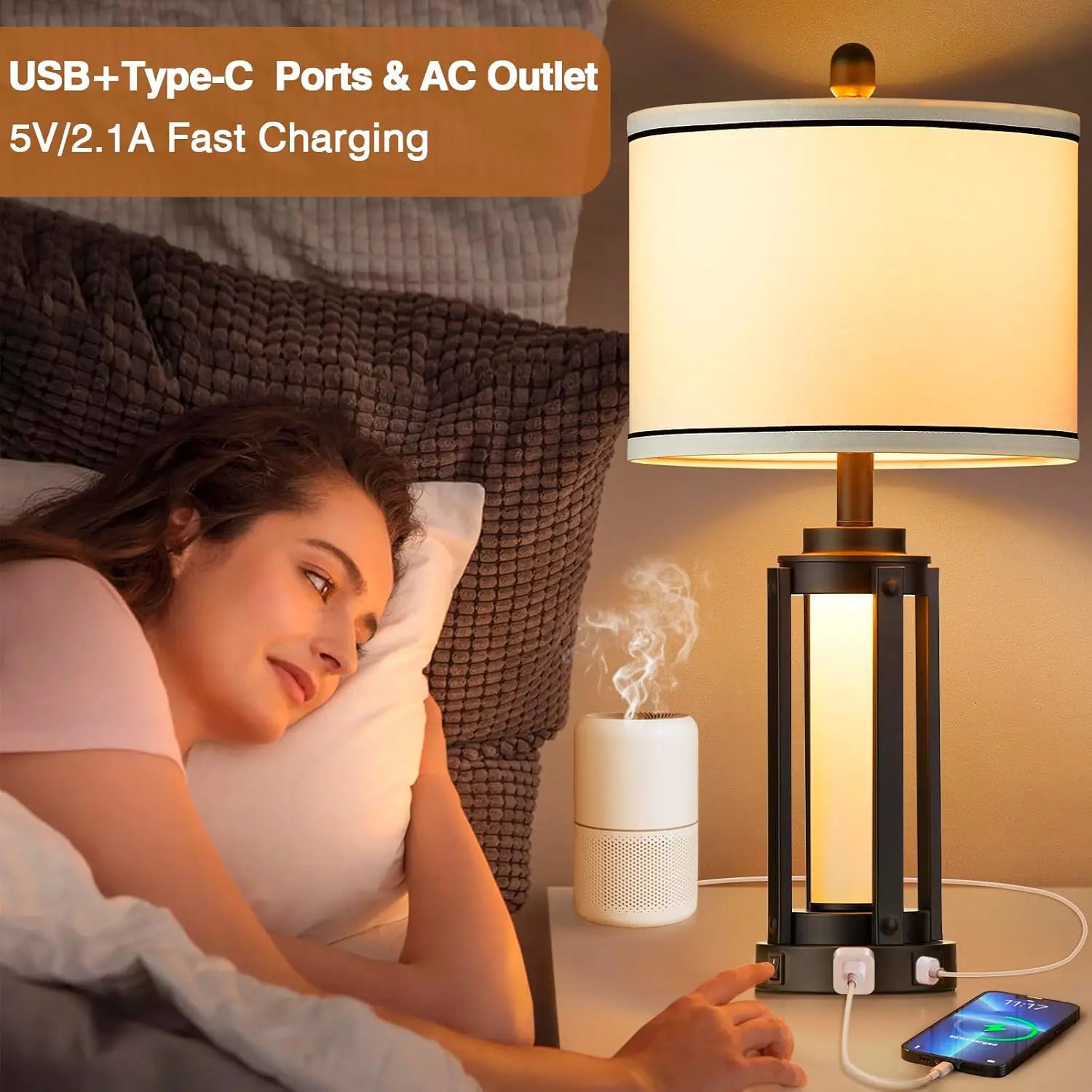 Luminária de Mesa Moderna de 26 polegadas com Portas USB A+C e Tomada AC, Luz Noturna LED Industrial para Sala de Estar e Quarto