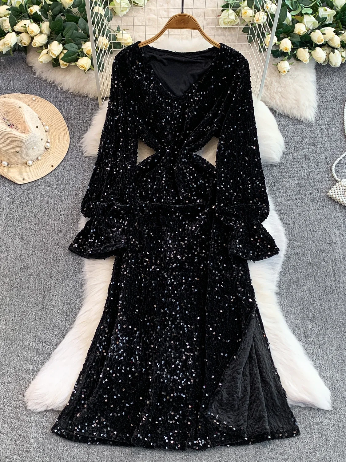 

Ele Long Velvet Dr iny Sequins High Waist A-Line Skirt Formal Par Women's Faion Winter Thiened V-Ne Dr