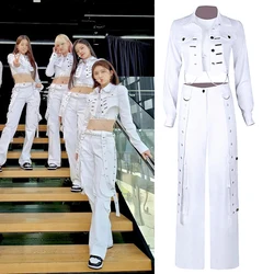 Kpop koreanische neue Frauen weiß schlanke Ernte Top Cargo hose Konzert Outfits Festival Kleidung Dame Bühne Rave Hip Hop Weste Tänzer Anzüge