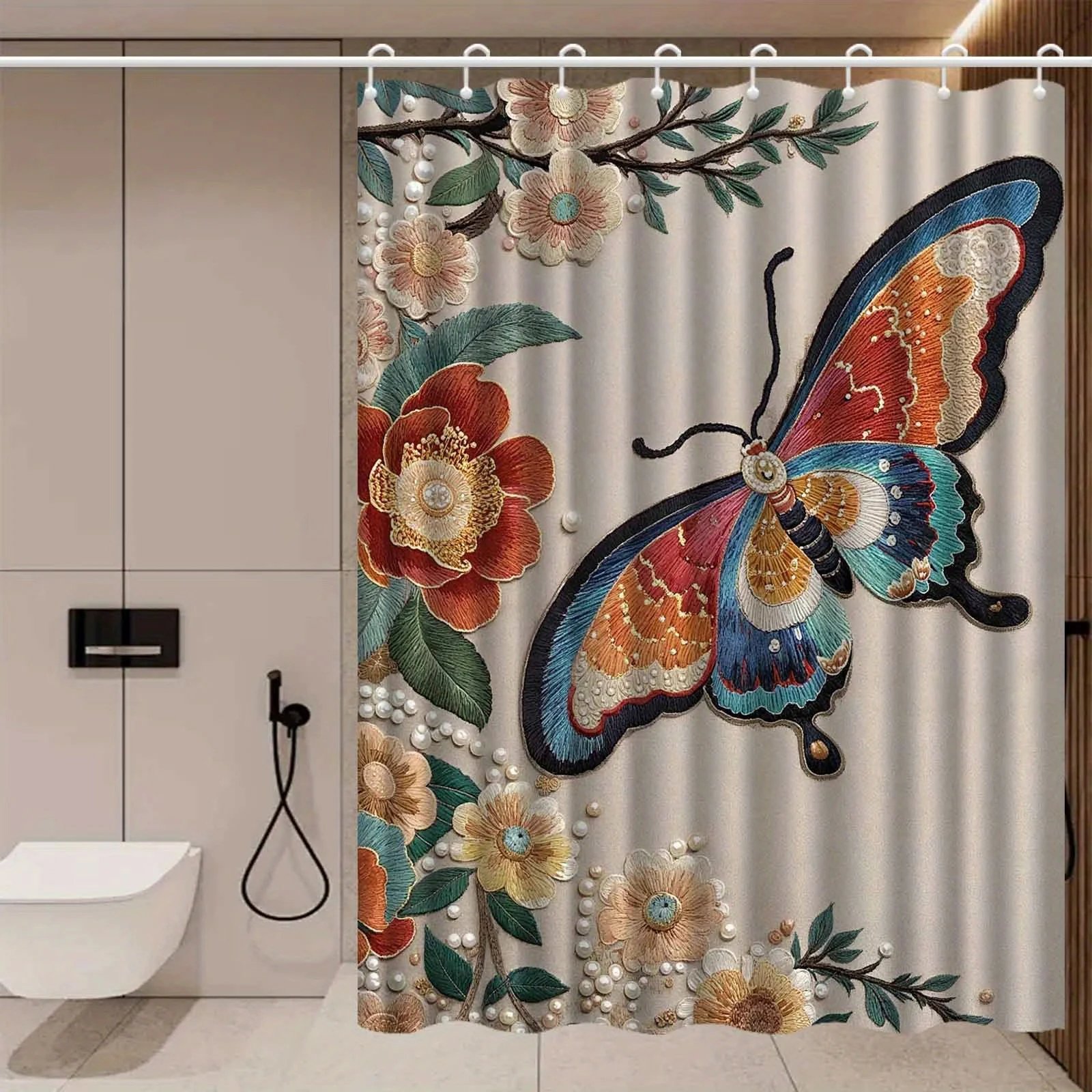 Jit1pc New Chinese Embroidered Butterfly Flower Design Shower Curtain, Luxurious And Fog-Resistant Bathroom Curtain, Versatile C