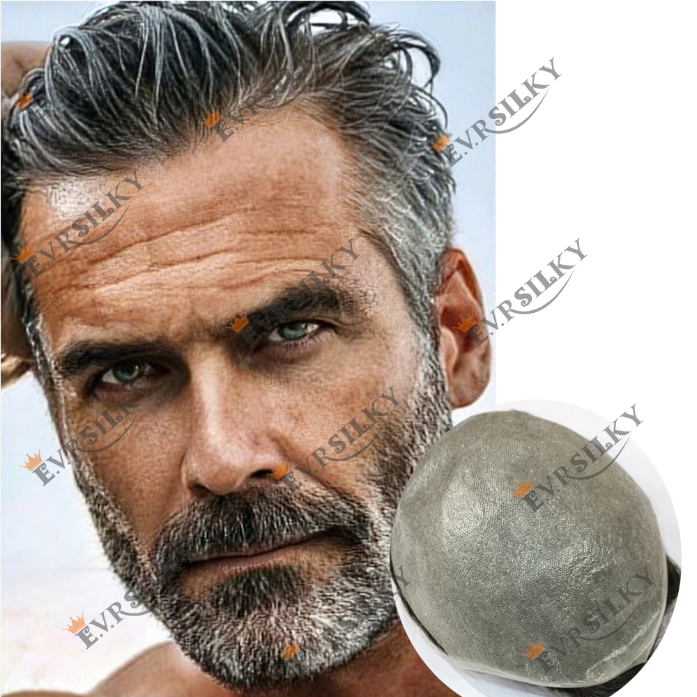 

Men's Thin 0.03mm Skin Toupee Natural Hairline Man Hairpieces Vlooped 100% Human Hair Replacement System Grey Capillar Prosthesi