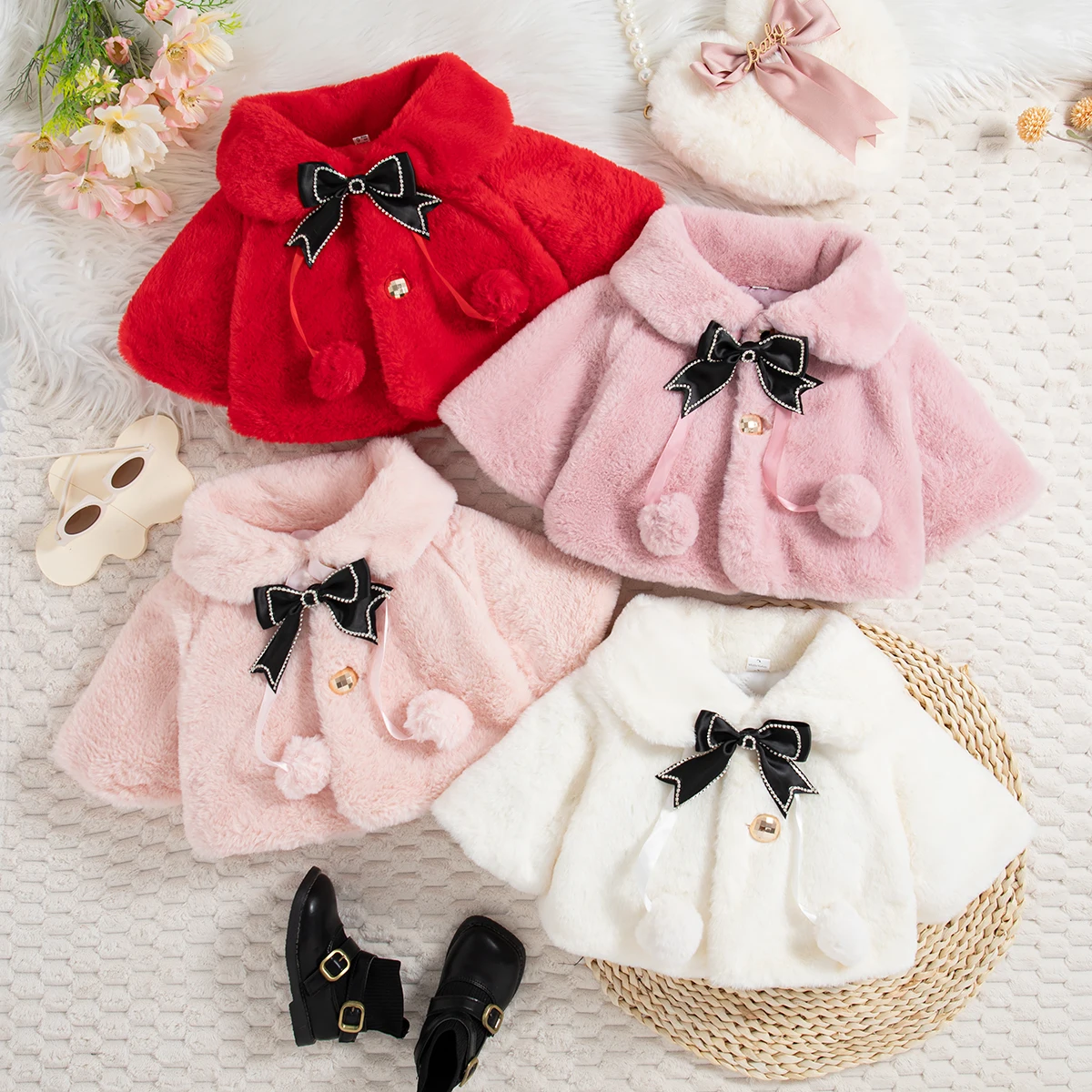Ropa de invierno para niña, abrigo chal con cuello cálido y forro de piel de oveja, abrigo Adorable con lazo para bebé, ropa para niña