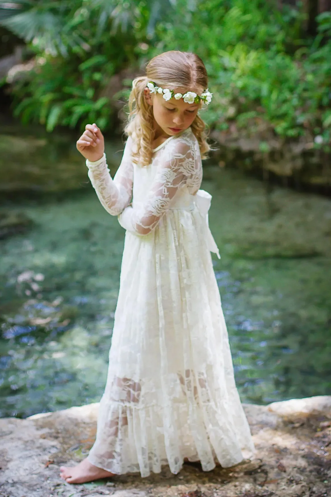 Xunbei-Robe à fleurs en dentelle pour demoiselle d'honneur, vintage, style bohème, à manches longues, pour demoiselles d'honneur juniors, première communion