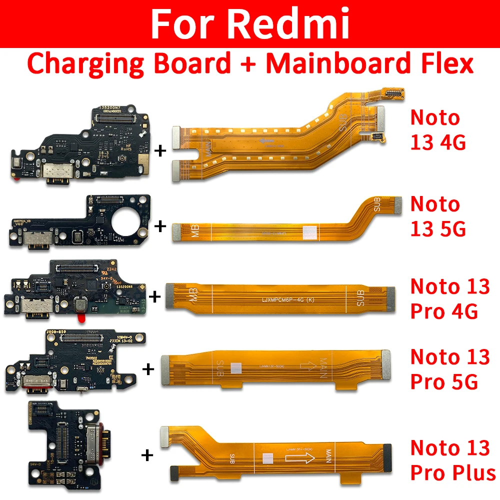 USB Charge Port Jack Dock Connector Charging Board Main FPC LCD Display Mainboard Flex Cable For Redmi Note 13 4G 13 Pro Plus 5G