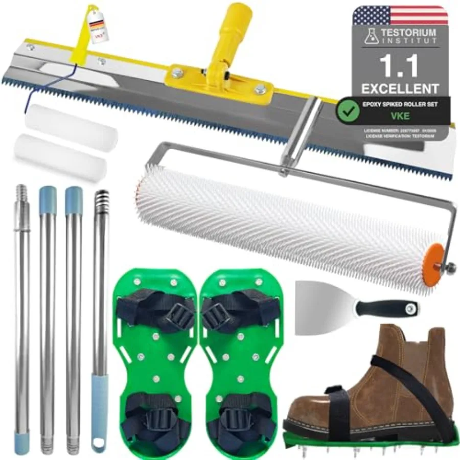 

VKE Self Leveling Concrete Tools, Stainless Steel Epoxy Squeegee, Spiked Roller for Self Leveling 3 in Extension Pole, Epoxy Sh