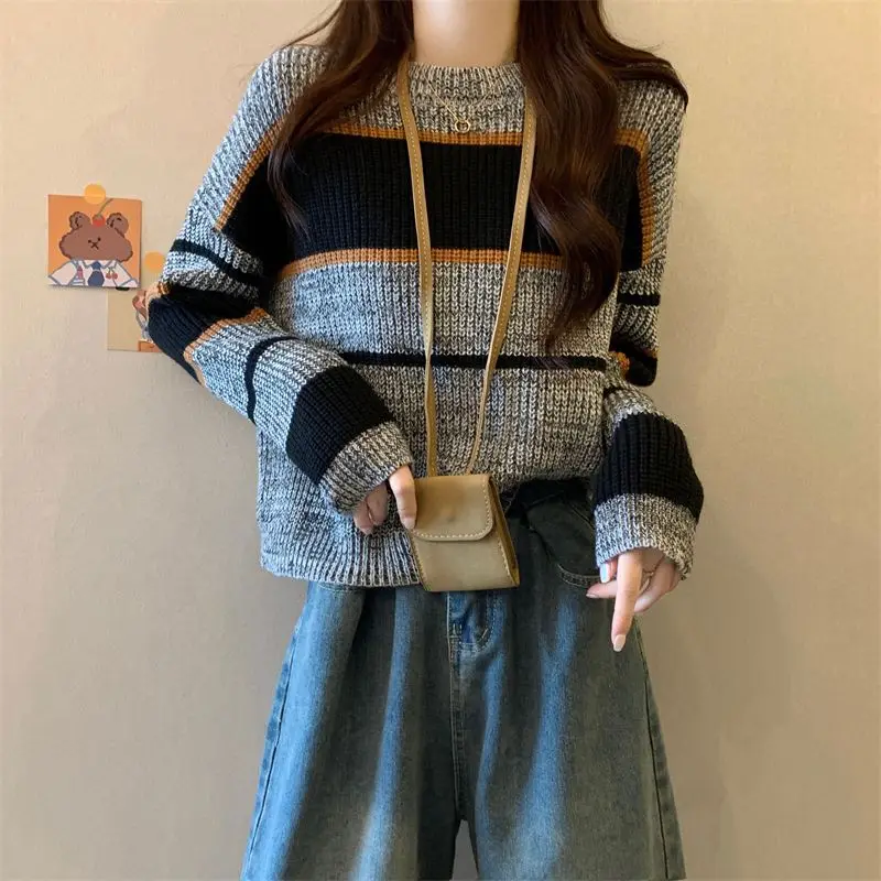 Vintage O-neck Contrast Striped Pullovers Autumn Winter New Long Sleeve Loose Youth Lazy Sweaters Fashion Casual Women Clothing