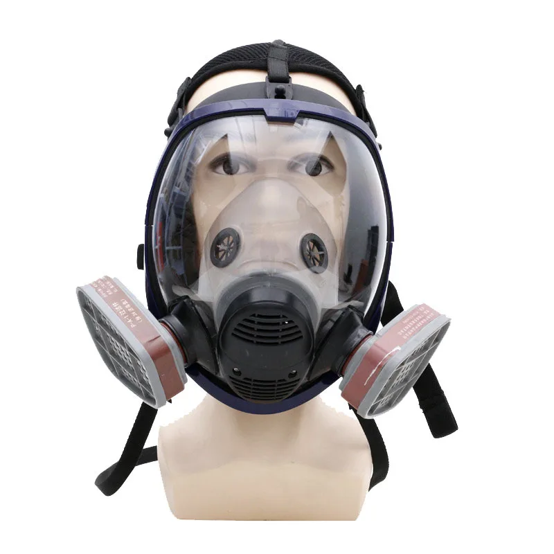 Full-face gas mask, equipped with a filter, anti-fog lenses, and capable of blocking gases, dust, steam and particles.