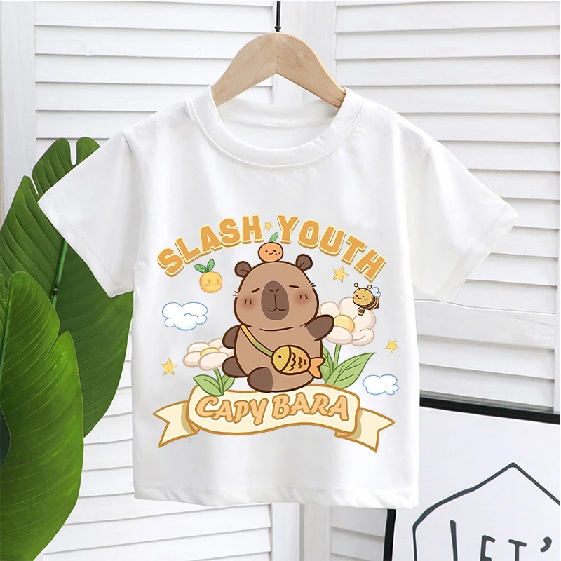 New Capybara Kids Shirts Cute Cartoon Printed Cartoon T Shirt for Girls Summer Trend Boy Tops Tees Children Clothes Baby Gift
