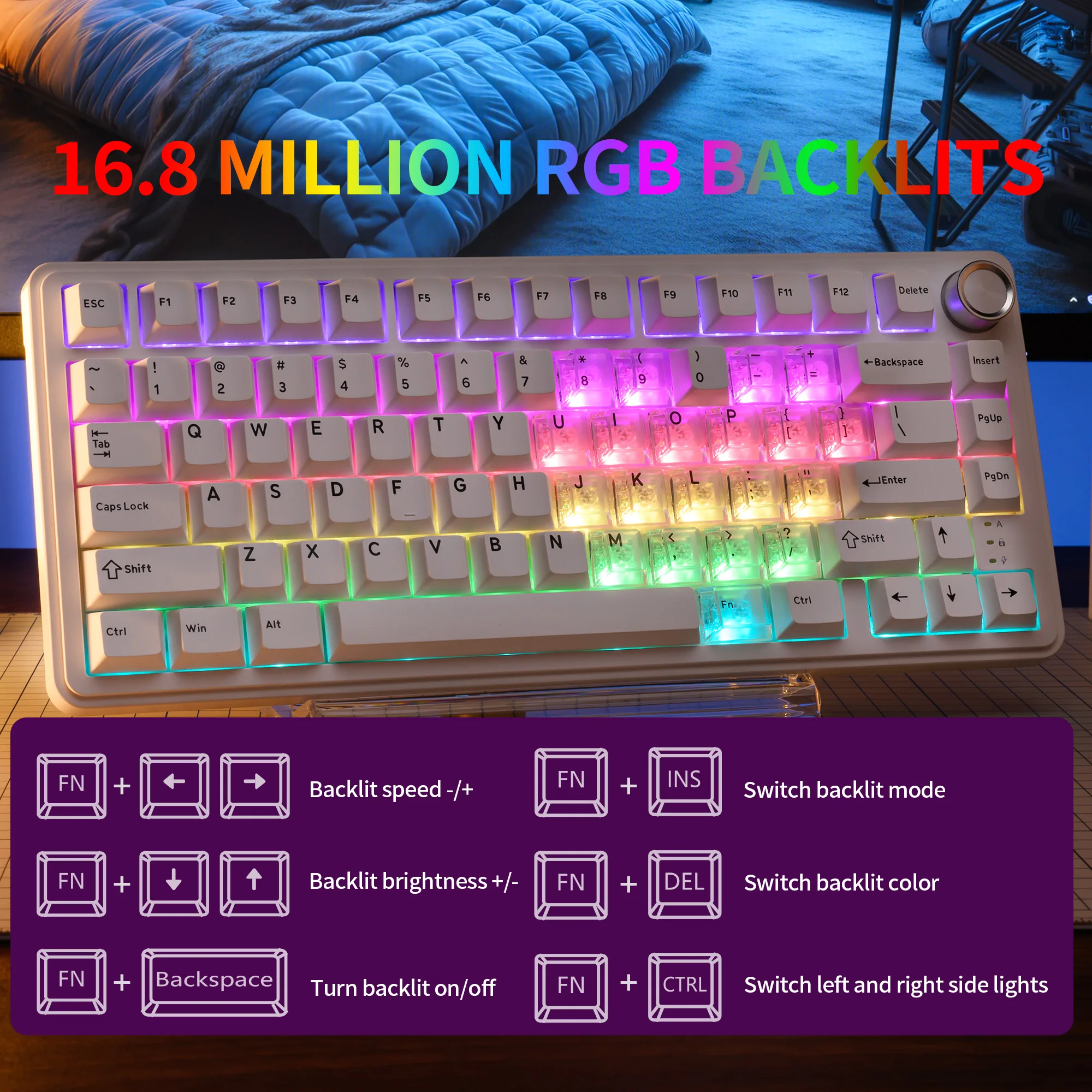 لوحة مفاتيح ميكانيكية لاسلكية XVX M75، اتصال ثلاثي الوضع، لوحة مفاتيح بإضاءة خلفية RGB قابلة للتبديل السريع مع أغطية مفاتيح حب شفافة