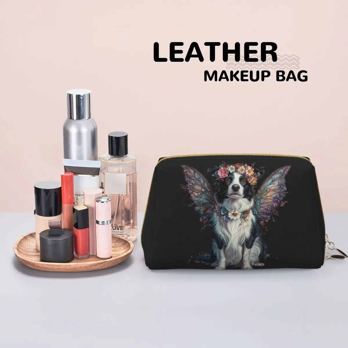 Cute Border Collie Dog Angel With Wings Women Cosmetic Bag Travel Makeup Organizer Pouch Toiletry Storage Dopp Kit Box