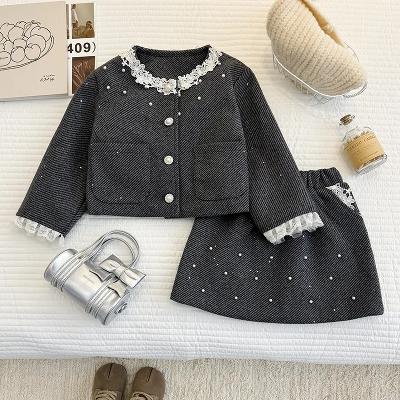 

Girls Set 2026 Spring New Korean Edition Lace Coat Nail Bead Short Skirt Small Fragrant Style Casual Two Piece Set Daily Wear