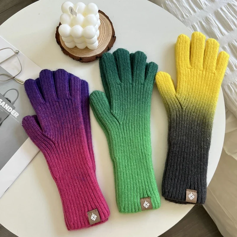 

Rainbow Color Fashion Winter Women Knitted Gloves Touch Screen High Quality Mitten Thicken Warm Cashmere Gloves For Women