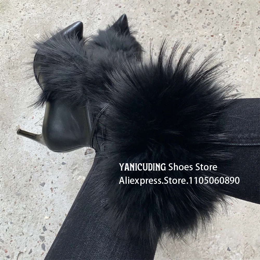 

Luxurious Furry Ankle Boots Sexy Pointed Toe Stiletto Booties Multicolor PU Leather Strappy Booties Warm Winter Boots for Women