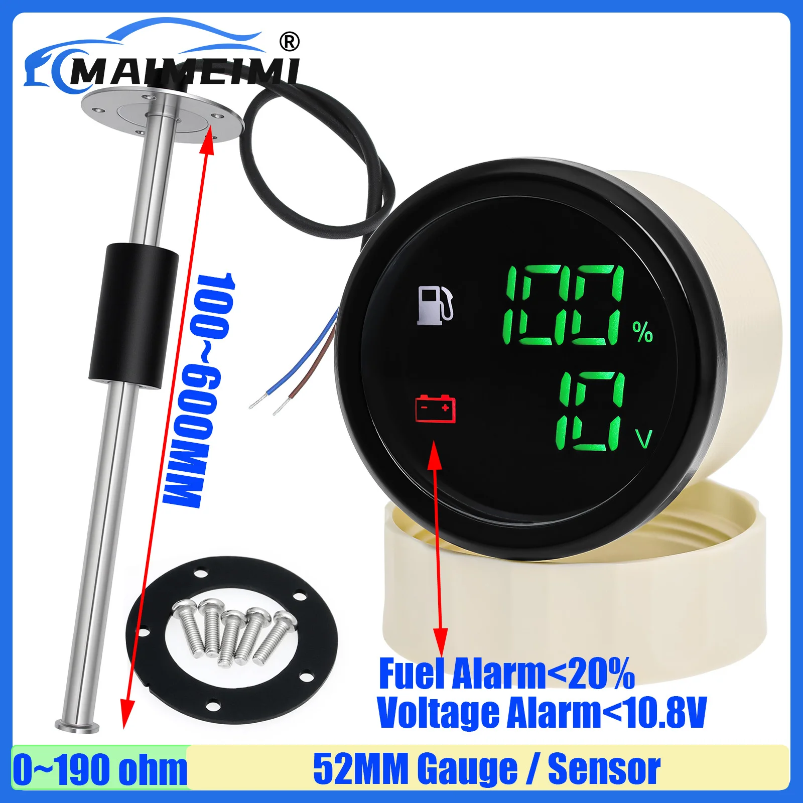 MAIMEIMI Digital Dual 52MM Gauge Green LED Fuel Level Gauge+Voltage 0-190ohm Fuel Level Sensor 100-550mm for Universal Car Boat