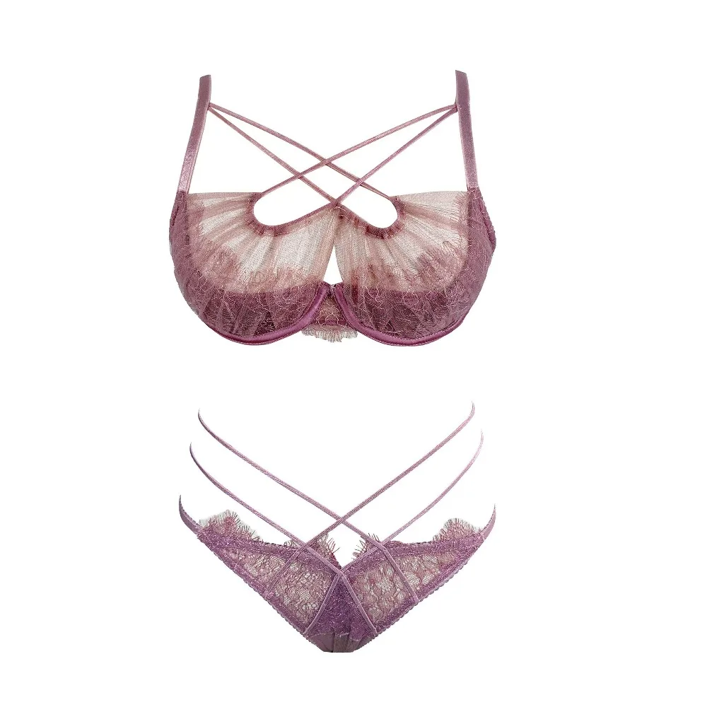 Fashion French Lace Embroidery Cross Bandage Lingerie Set Mesh Push Up Bra Panty Hollow Sexy Daily Underwear For Women 32-38AB
