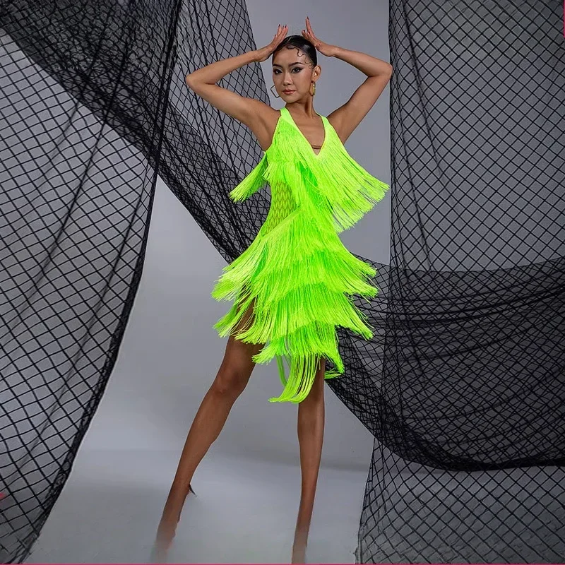 Latin Dance Performance Sling Fringe Dress for Women Customsized Rumba Chacha Tango Competition Costume Adult Child LatinDresses