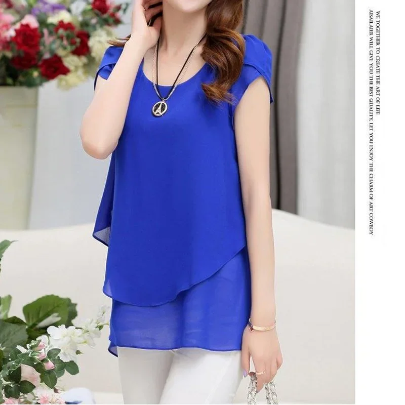 Chiffon Shirt Korean Summer Women\'s New Short Sleeve Solid Color Loose Asymmetrical Vintage Loose Blouse Casual Fashion Clothing