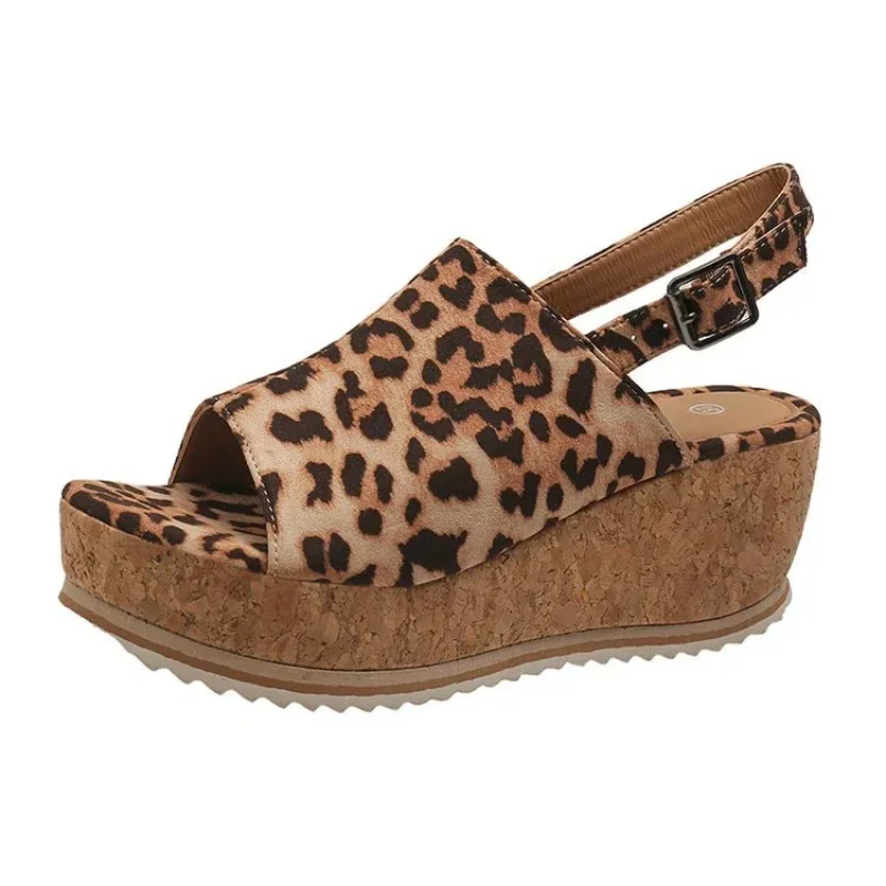 Women Leopard Sandals Wedges Shoes Women High Heels Sandals Platform Shoes Casual Wedge Heels Peep Toe Women Retro Sandals2024