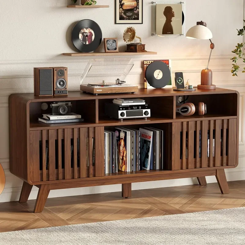 59 Large Vinyl Record Cabinet with Built in Charging Station Walnut
