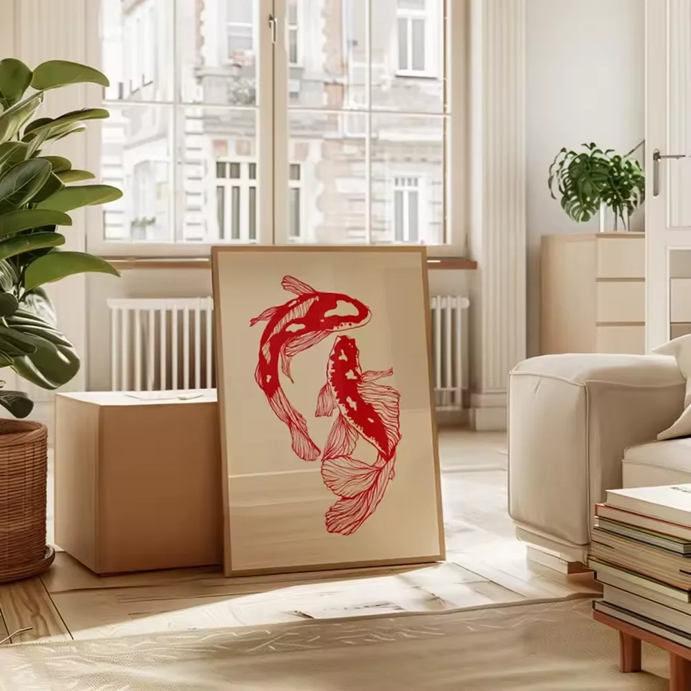 1 poster wall decoration poster wall art vintage red koi poster canvas painting wall art living room office decoration frameless