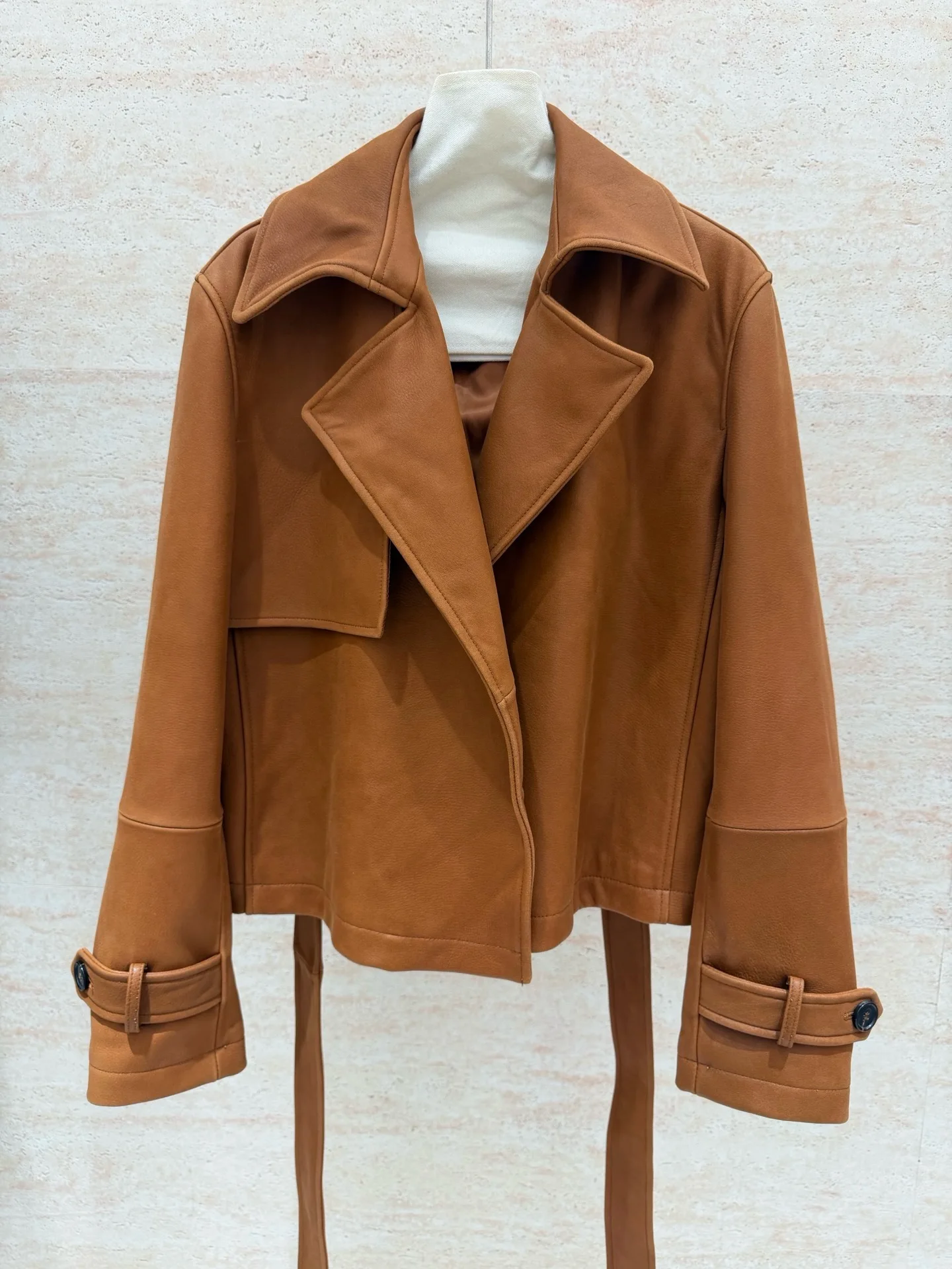 Notched Lapel Cropped Faux Leather Short Jacket with Cuff Strap for Women