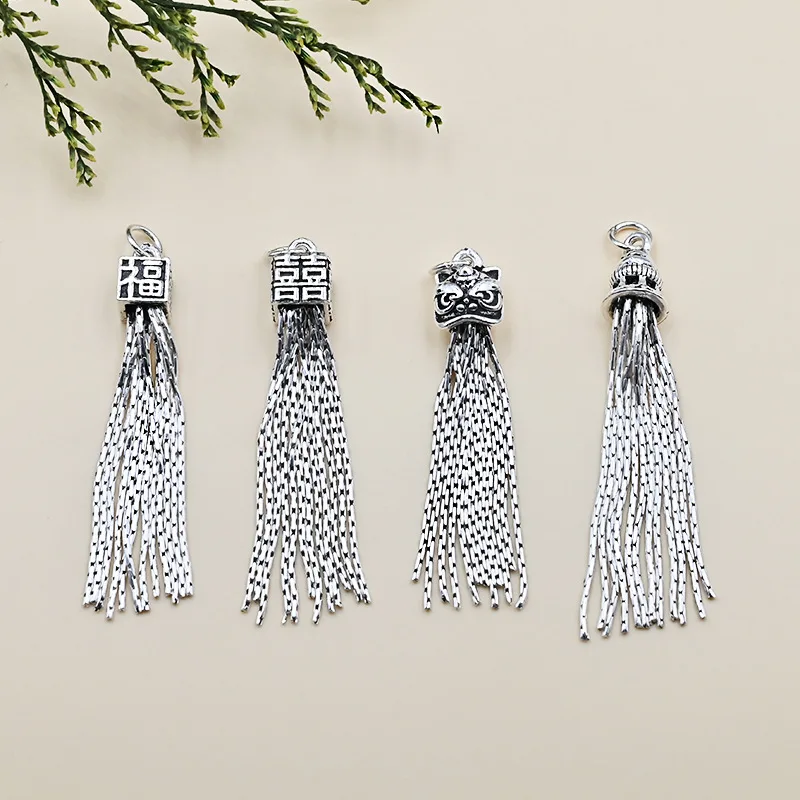 S925Sterling Silver Accessories Retro Snake Bones Chain Tassel Pendant Silver Tassel PendantdiyBracelet String Beads Earring Acc