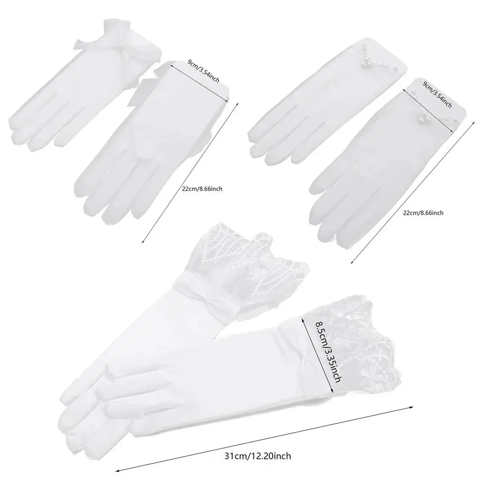 أنيقة قفازات الزفاف الساتان الأبيض القوس اللؤلؤ الدانتيل شبكة فستان العروس قفازات شفافة قفازات برباط حفلة موسيقية تأثيري #6