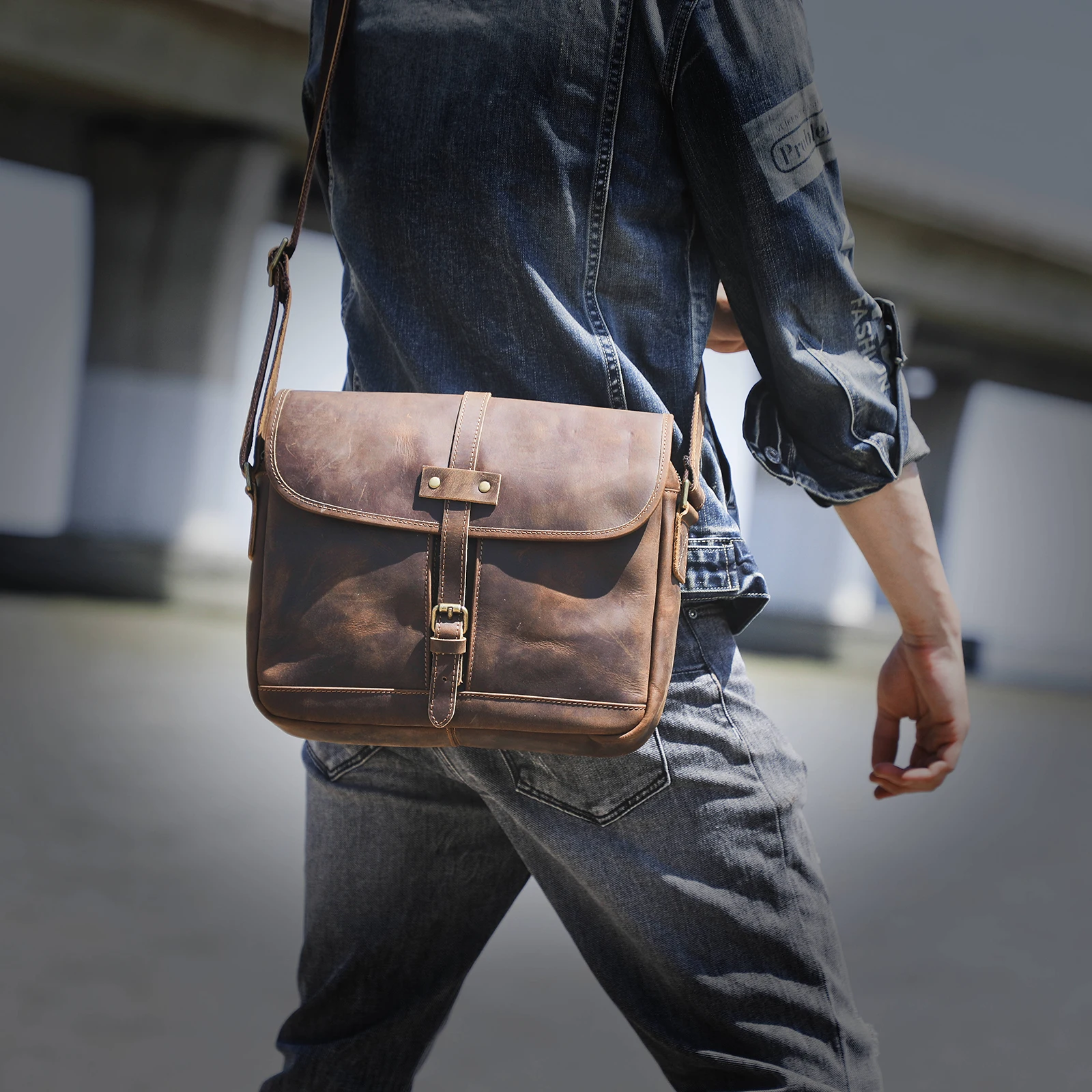 Echte Leder-Umhängetasche 11" Vintage Herren-Umhängetaschen Crazy Horse Leder Schultertasche Rindsleder Retro Mode Casual Pre – Detail 5