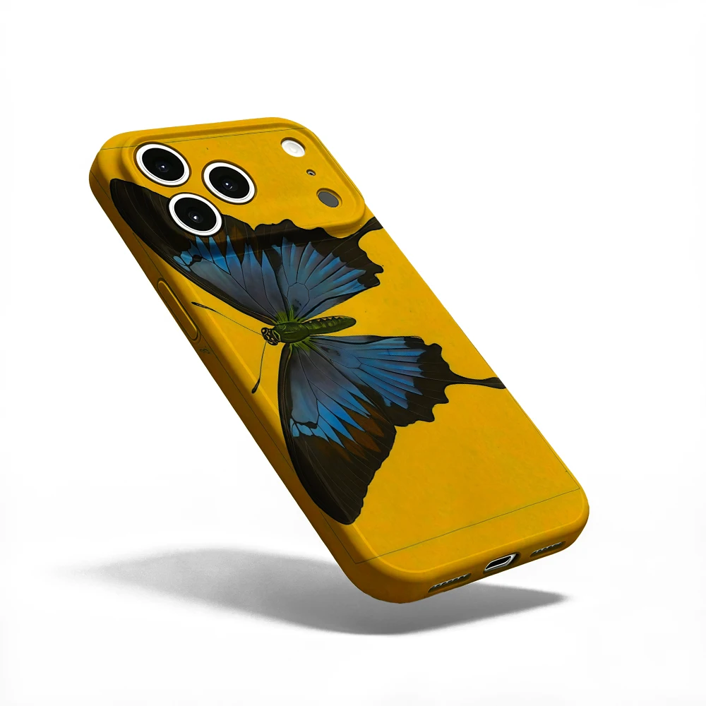 Blue Butterfly Yellow Base Phone Case For iPhone 17 16 15 14 13 12 11 Pro Max Air 16e 7 8 Plus XS Max X XR Hard PC Bumper Cover - view 2